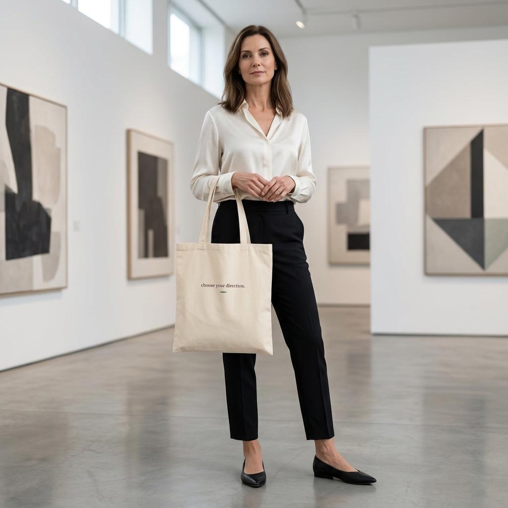 Woman holding THE TURN natural cotton art tote in a contemporary gallery interior.