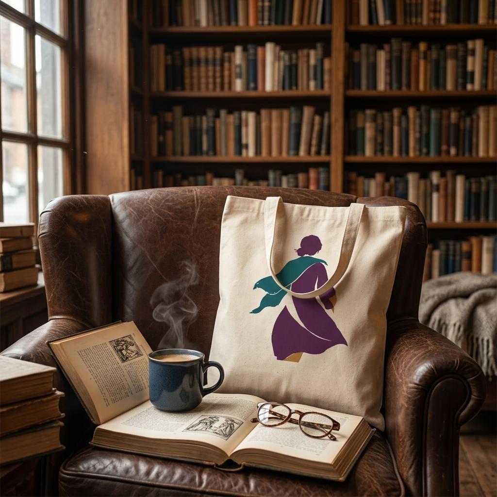 THE TURN natural cotton art tote displayed on a leather armchair beside dark wooden bookshelves.