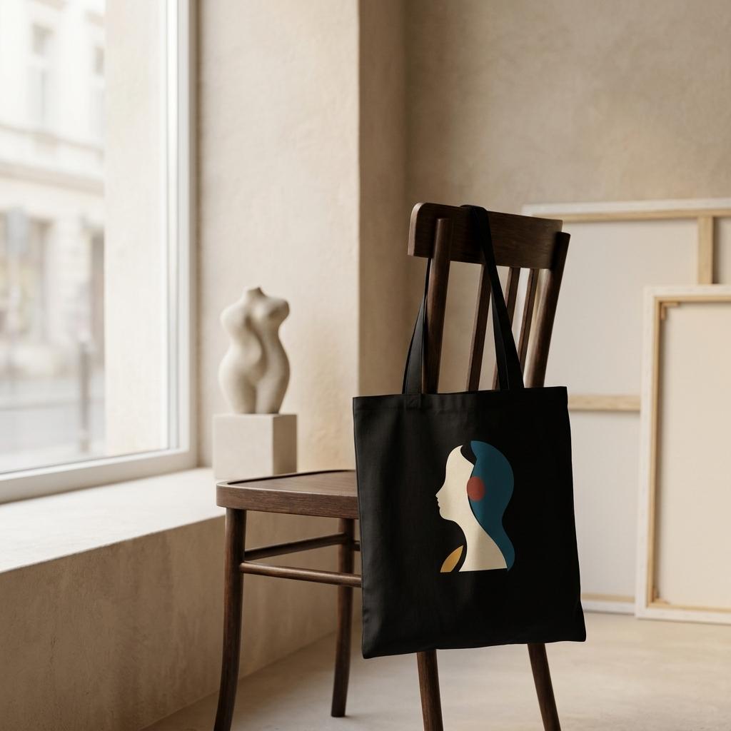 THE LISTENING black cotton art tote displayed on a wooden chair in a bright neutral interior.