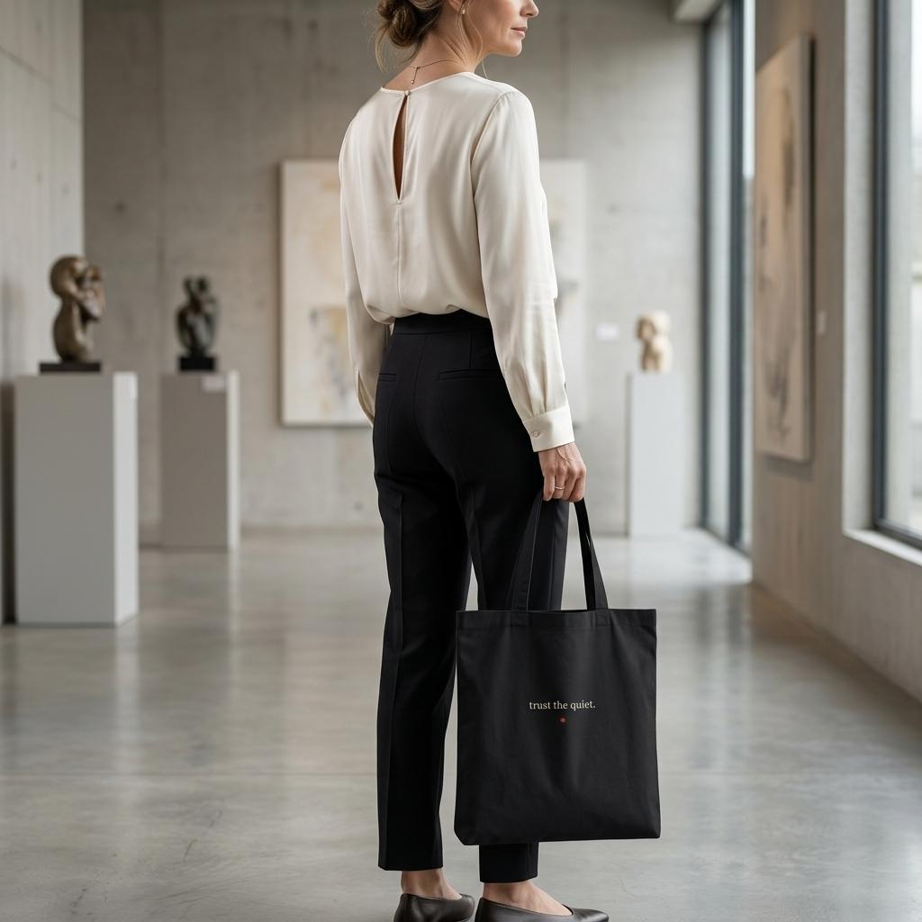 Rear view of a person carrying THE LISTENING black cotton tote through a light contemporary interior.
