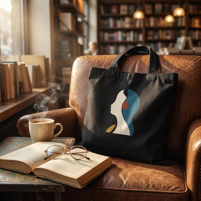 THE LISTENING black cotton art tote displayed on a leather armchair beside books and warm wooden shelving.