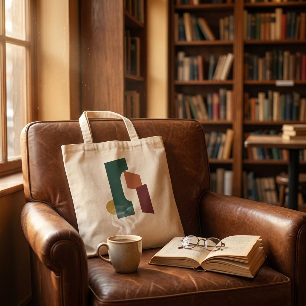 THE THRESHOLD natural cotton art tote displayed on a brown leather armchair beside wooden bookshelves.