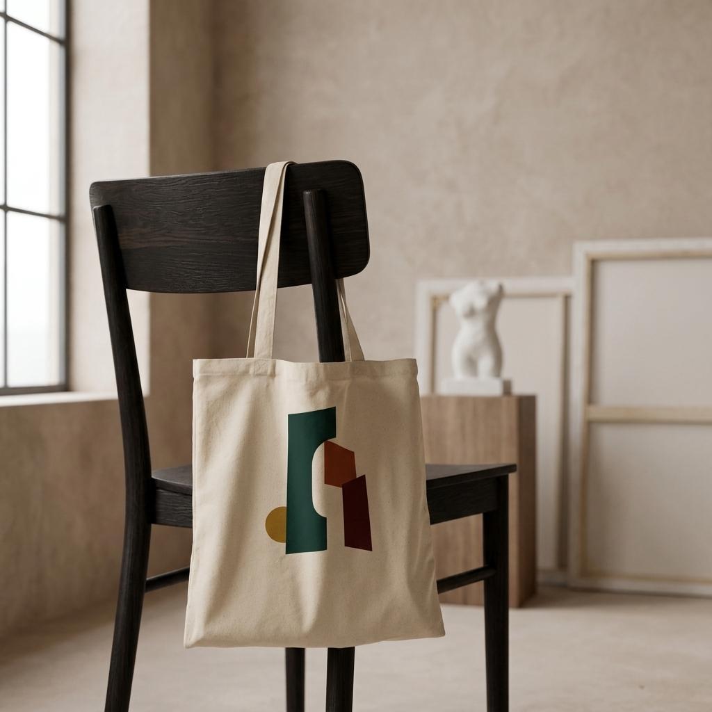 THE THRESHOLD natural cotton art tote hanging from a dark chair in a calm neutral interior.
