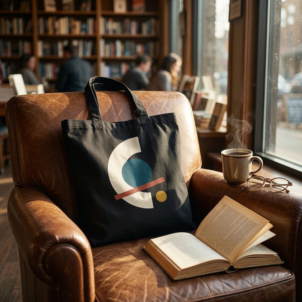 THE ALIGNMENT black cotton art tote displayed on a brown leather armchair in a warm library interior.