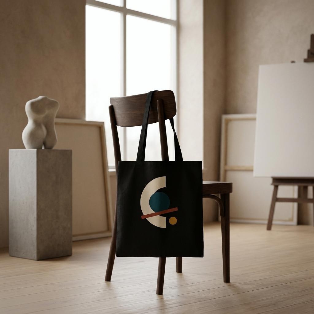 THE ALIGNMENT black cotton art tote hanging from a dark chair in a calm neutral interior.