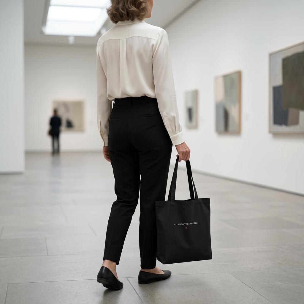 Rear view of a woman carrying THE ALIGNMENT black cotton tote through a contemporary art gallery.