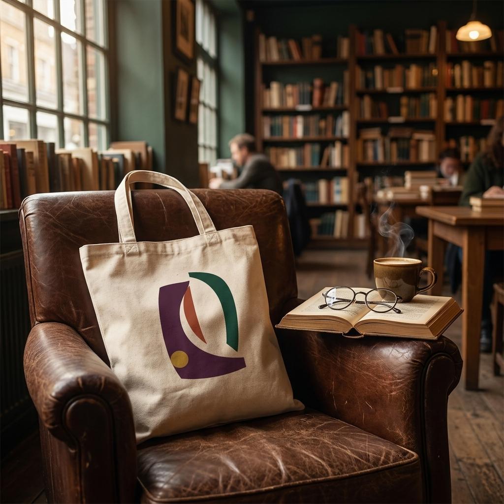 THE VESSEL natural cotton art tote displayed on a brown leather armchair in a warm library interior.