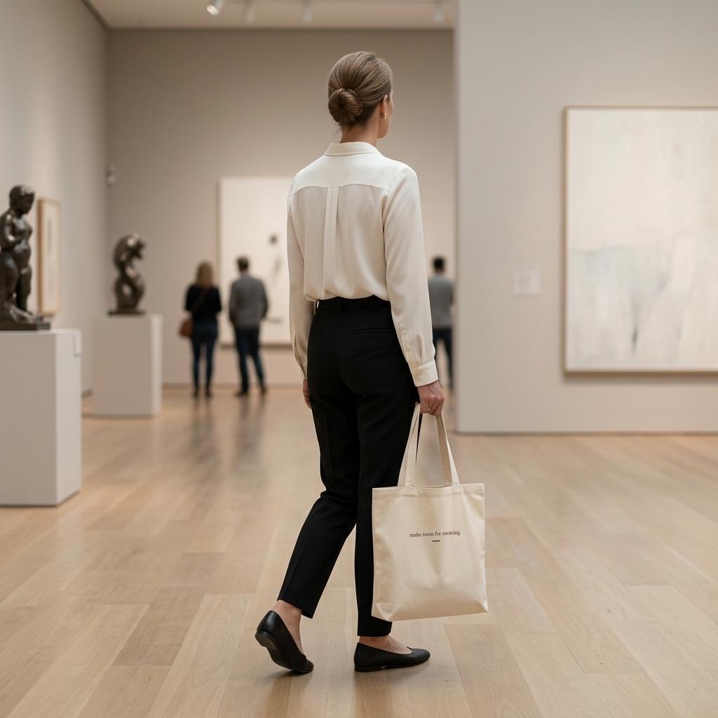 Rear view of a woman carrying THE VESSEL natural cotton tote through a contemporary art gallery.