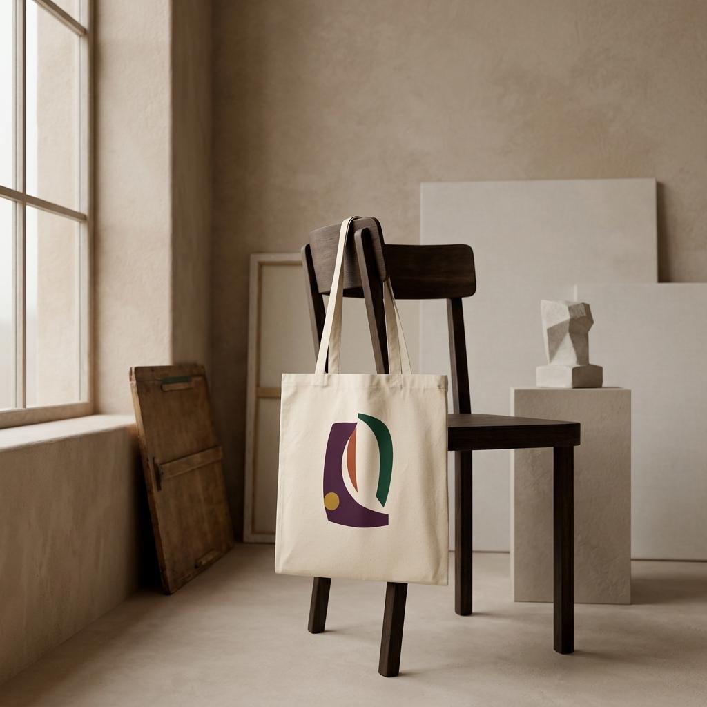 THE VESSEL natural cotton art tote hanging from a dark chair in a calm neutral interior.