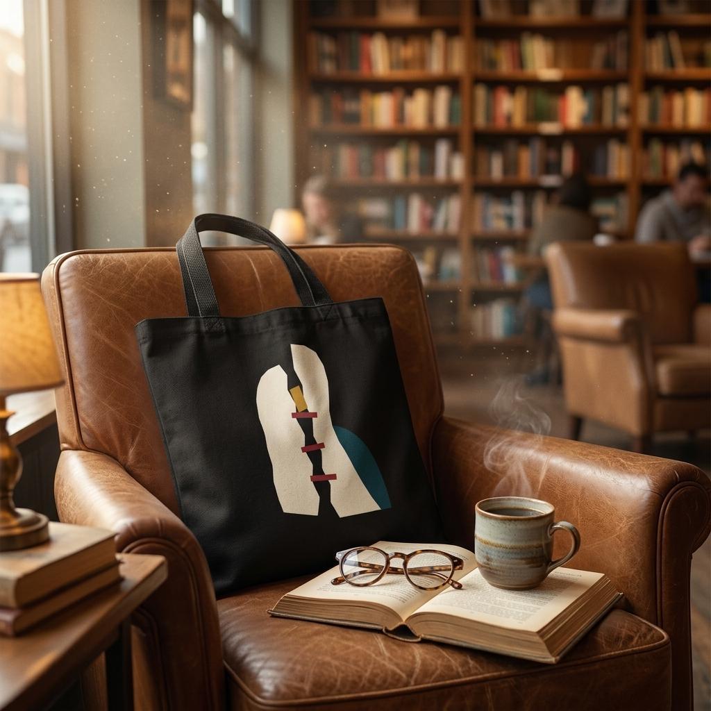 THE MENDING black cotton art tote displayed on a brown leather armchair in a warm library interior.