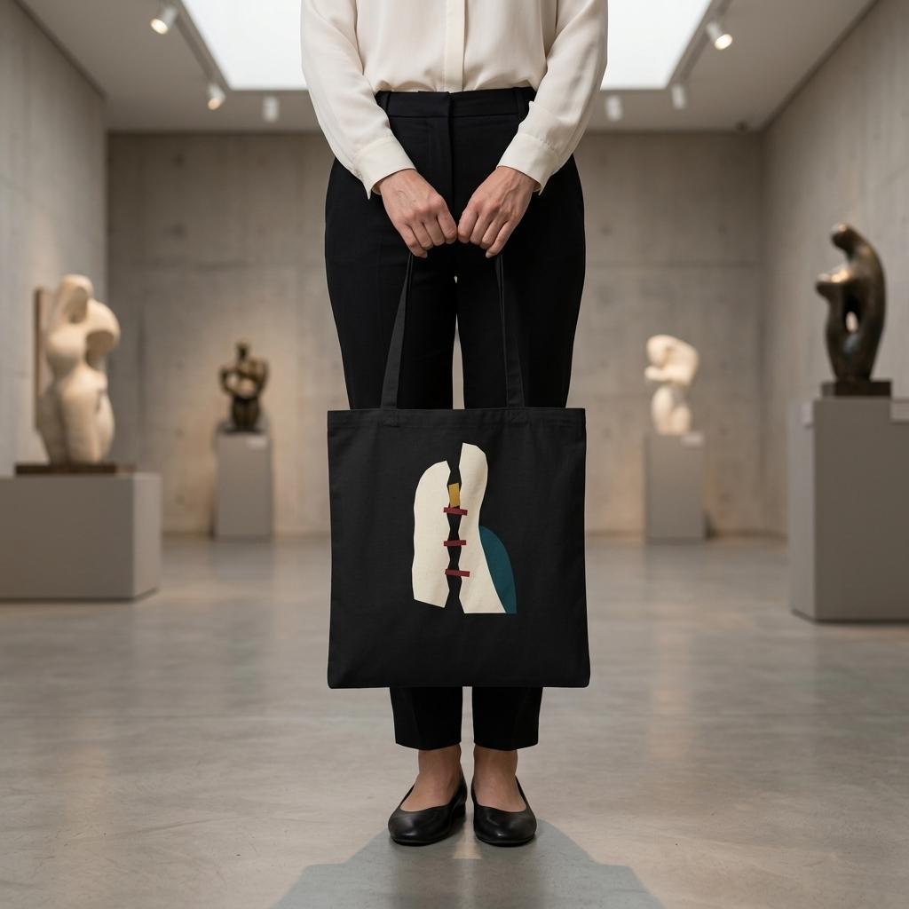 Woman holding THE MENDING black cotton art tote inside a contemporary art gallery.