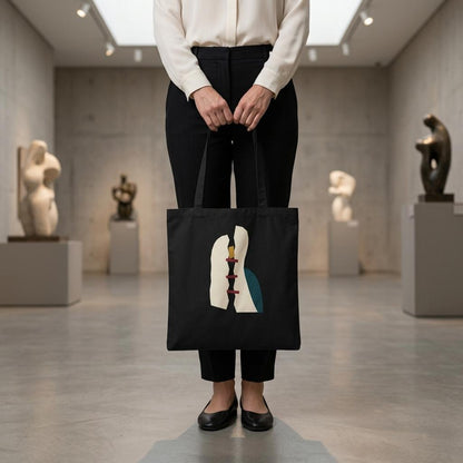 Woman holding THE MENDING black cotton art tote inside a contemporary art gallery.