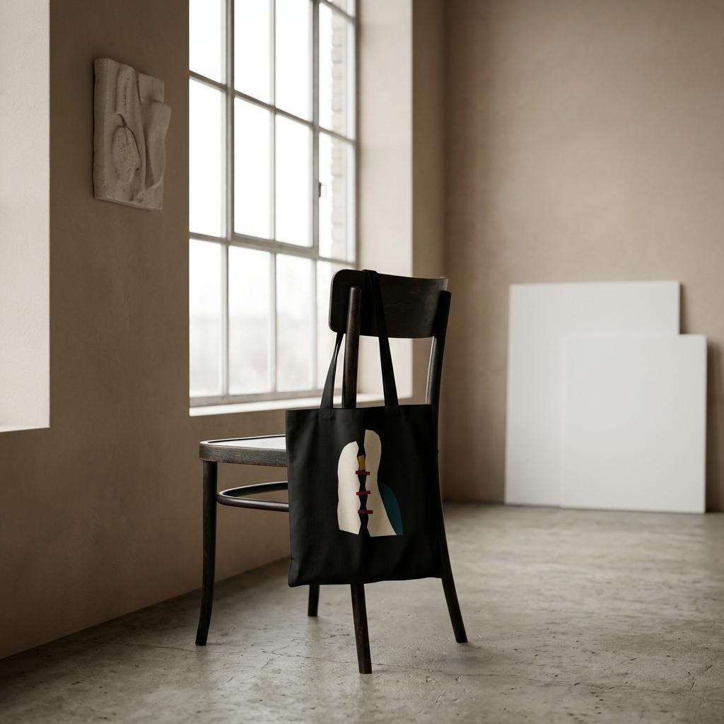 THE MENDING black cotton art tote hanging from a dark chair in a calm neutral interior.