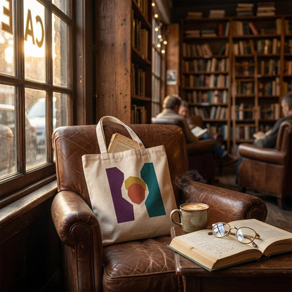 THE KEEPING abstract art tote displayed on a leather chair beside books