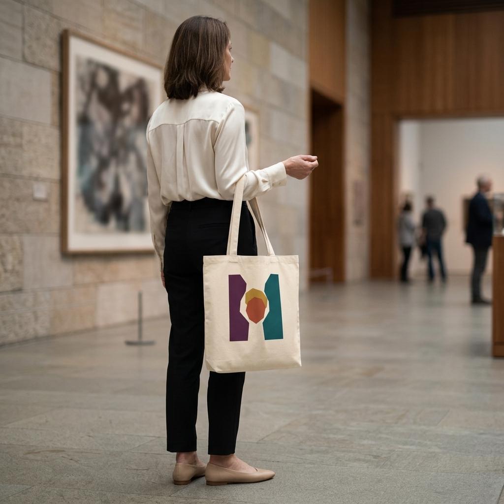 Woman carrying THE KEEPING premium cotton tote bag inside a contemporary art gallery