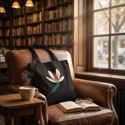 THE BLOOM black art tote displayed on a leather chair beside books in a warm interior