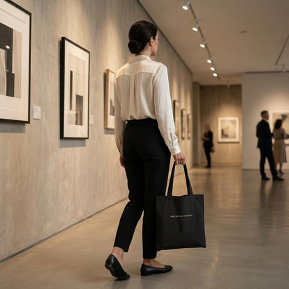 Woman carrying THE BLOOM black cotton tote inside a contemporary art gallery