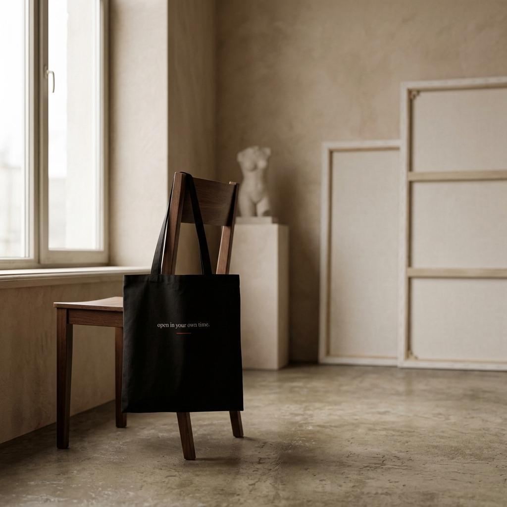 THE BLOOM black art tote displayed on a wooden chair in a neutral studio interior