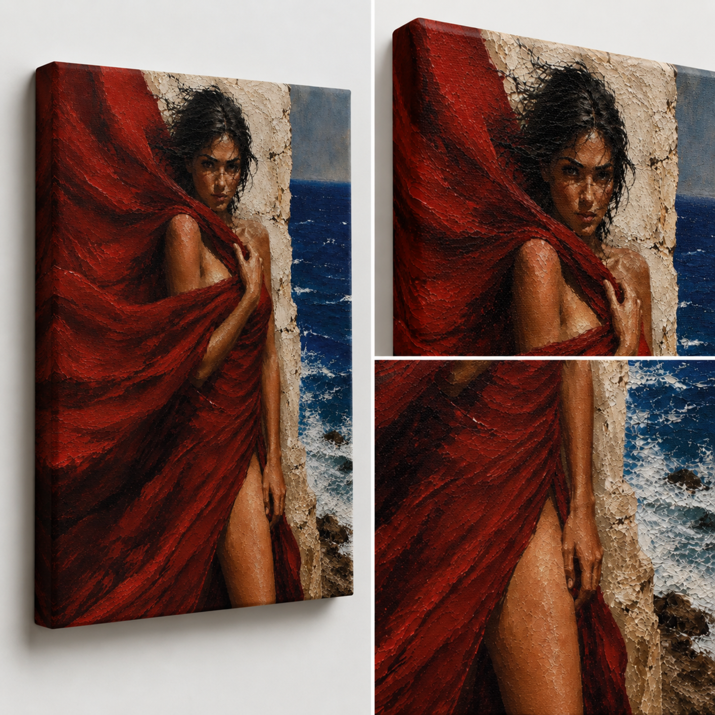 Close-up of deep red veil folds against pale limestone and cobalt Mediterranean water.
